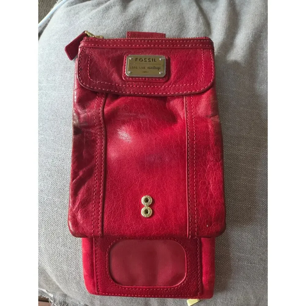 Vintage Fossil Emory Red Lamb Leather Wallet Clutch Super Soft Brass Hardware!